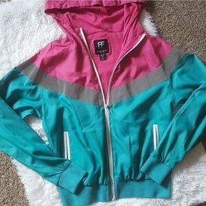 REDFOX Pink and Teal Reflective Zip Front Windbreaker Jacket with Hood Sz Medium
